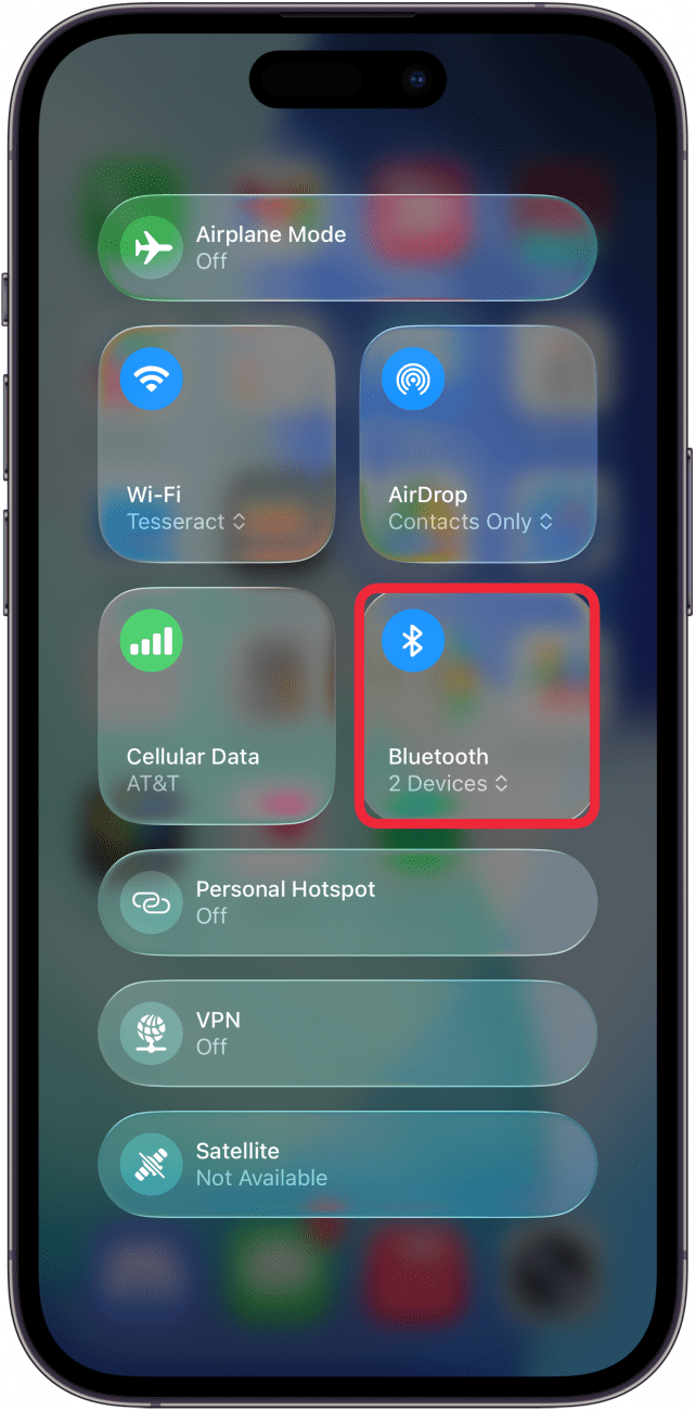 a screenshot of the connectivity screen in the iphone control center with a red box around the bluetooth button