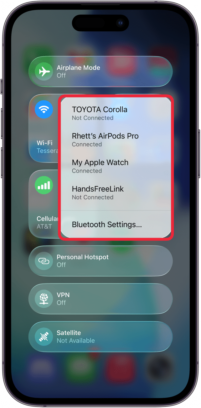 a screenshot of the connectivity screen in the iphone control center displaying a list of available devices from the bluetooth button with a red box around the list