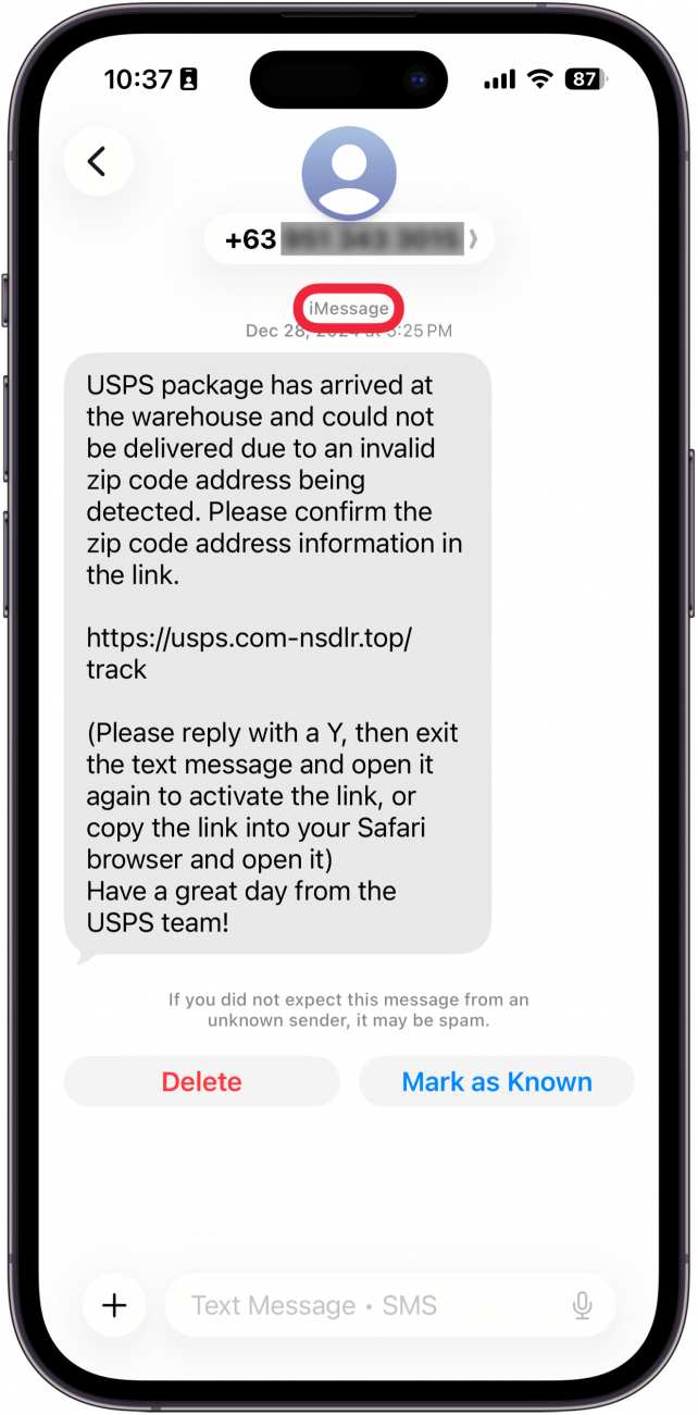iphone text message with sender and iMessage identifier circled in red