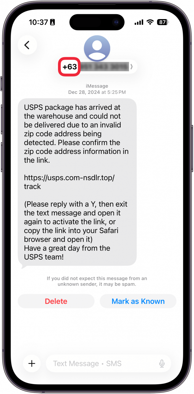 a screenshot of a text message on the iphone with a red box around the country identifying number