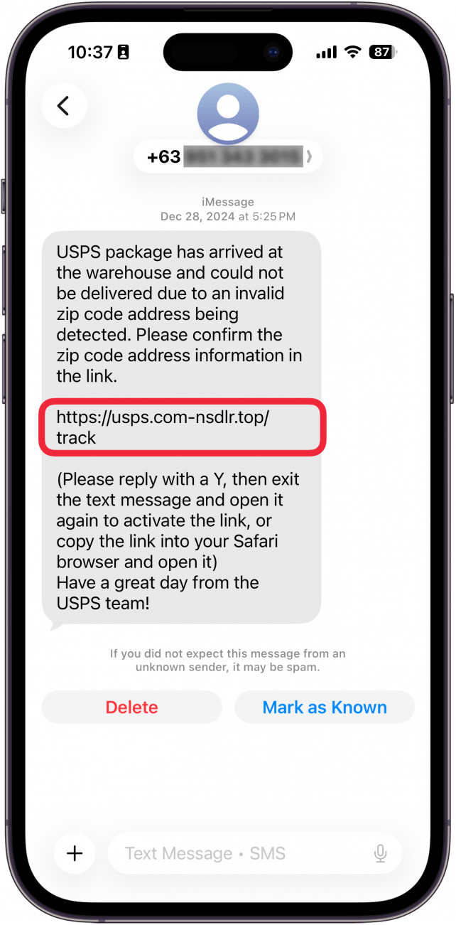 iphone text message with a url in the body of the message circled in red