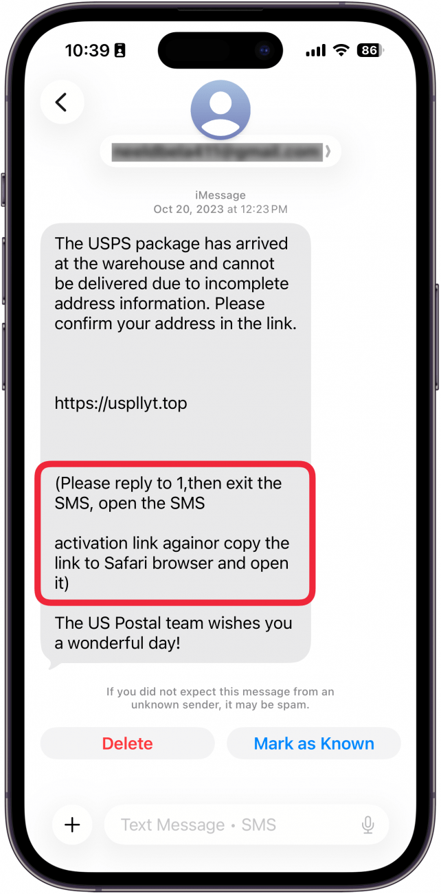 iphone text message with a poorly worded passage from the body of the message, which reads, "Please reply to 1, then exit the SMS, open the SMS activation link againor copy the link to Safari browser and open it"