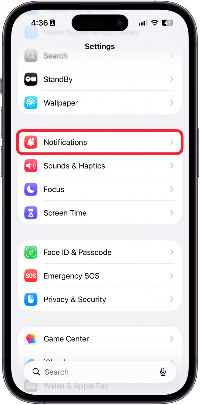 a screenshot of the settings app on iphone with a red box around notifications