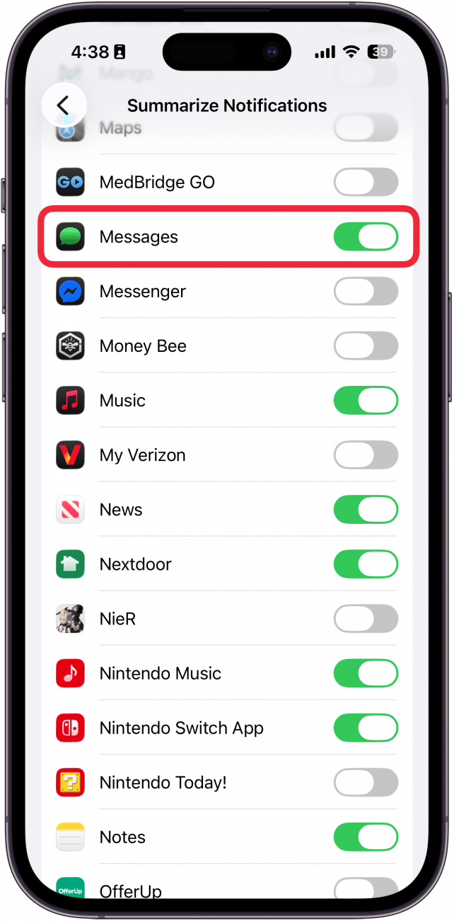 a screenshot of notification summary settings on iphone with a red box around the messages app, which has a green toggle next to it