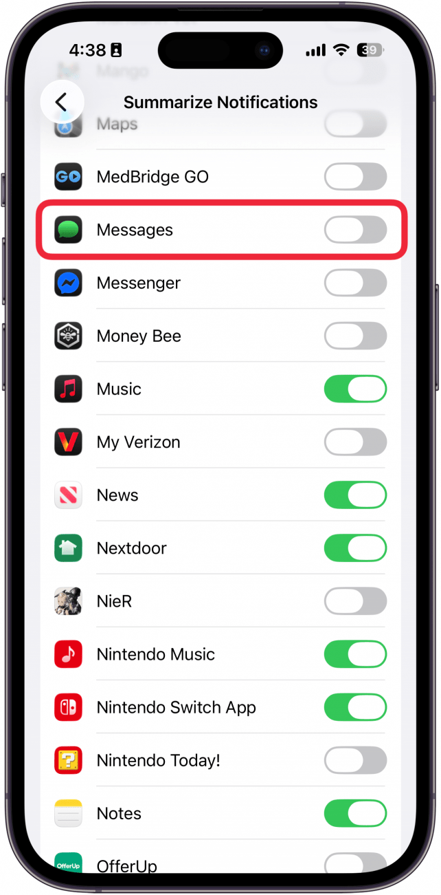 a screenshot of notification summary settings on iphone with a red box around the messages app, which has a gray toggle next to it