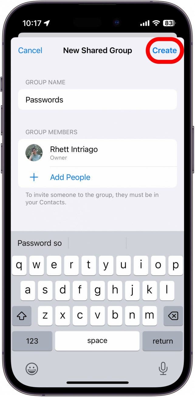 iphone create shared password group with create button circled in red