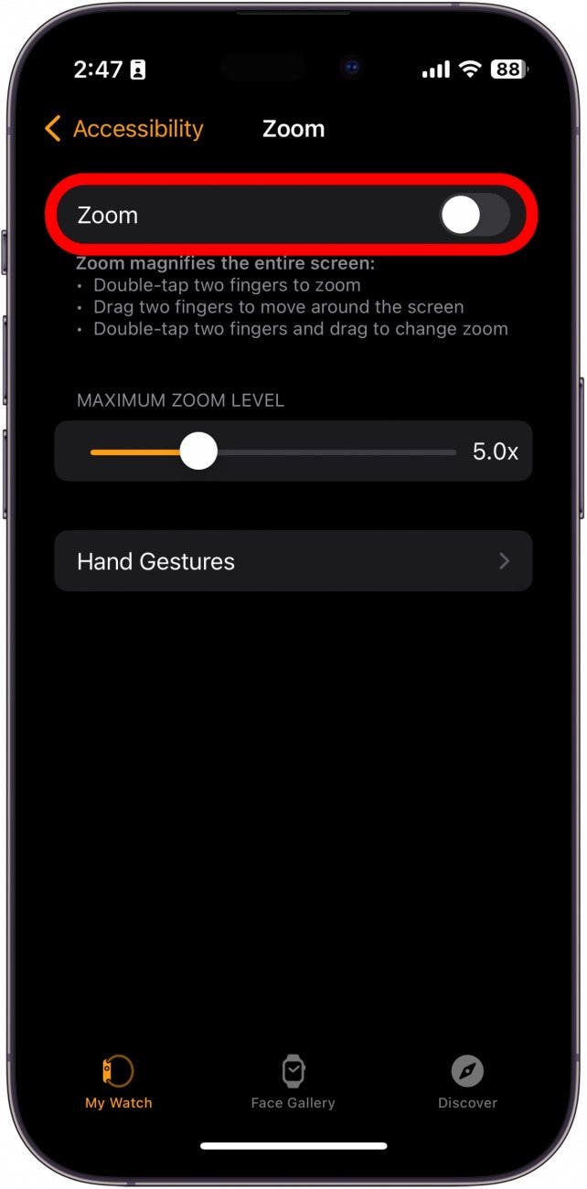 iphone watch app zoom settings with red circle around a gray toggle for enabling and disabling zoom