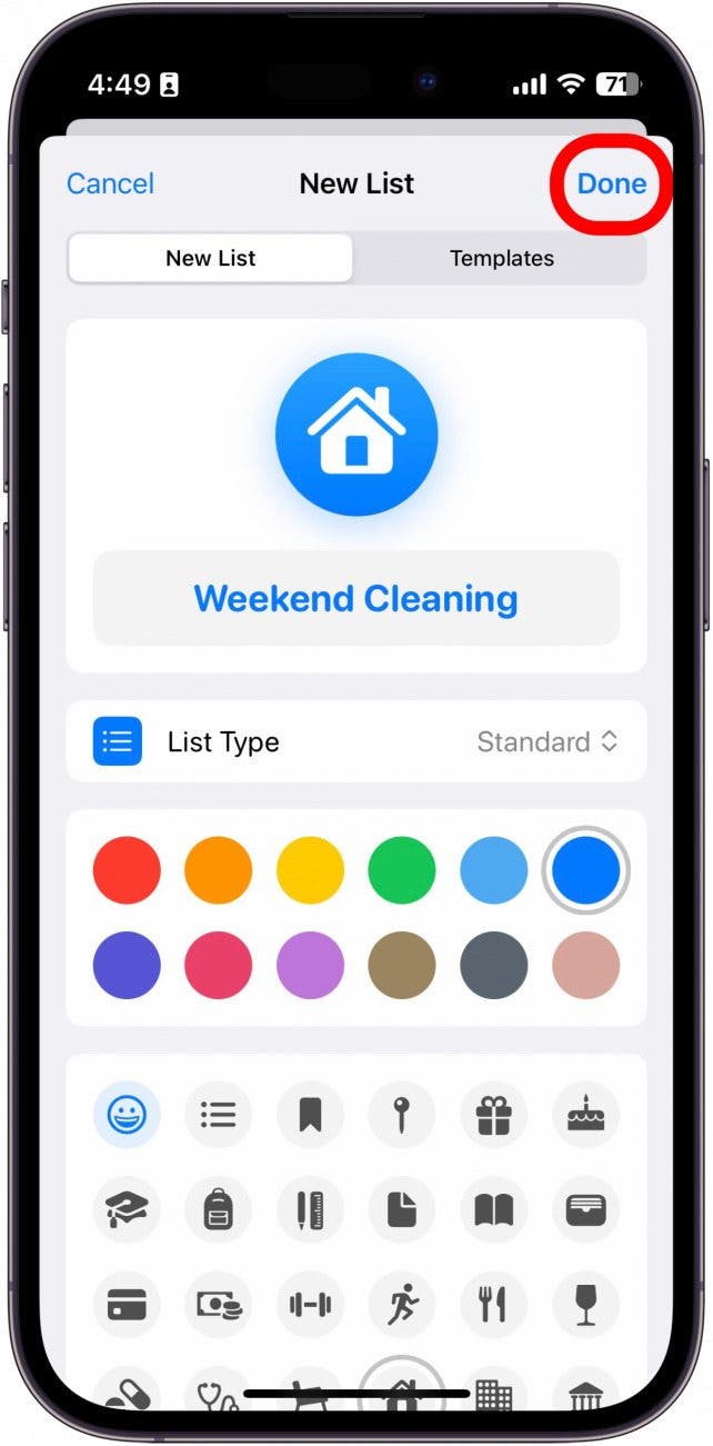 iphone reminders app new list with done button circled in red