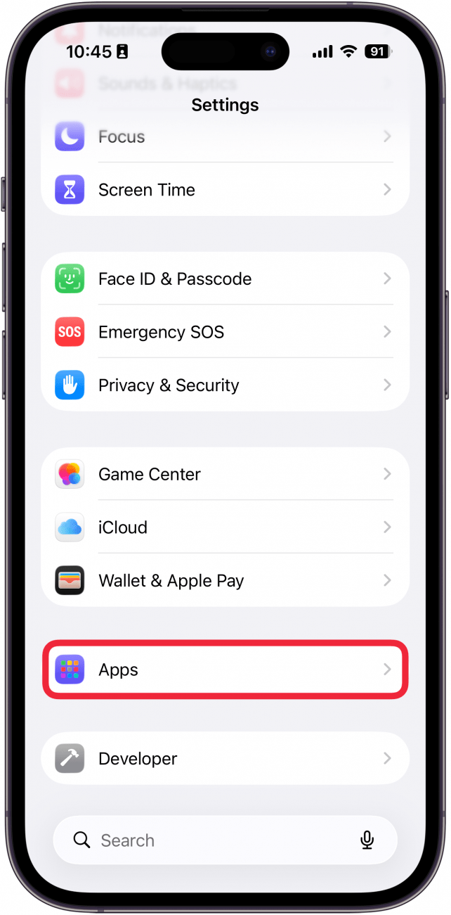 a screenshot of the settings app on iphone with a red box around apps