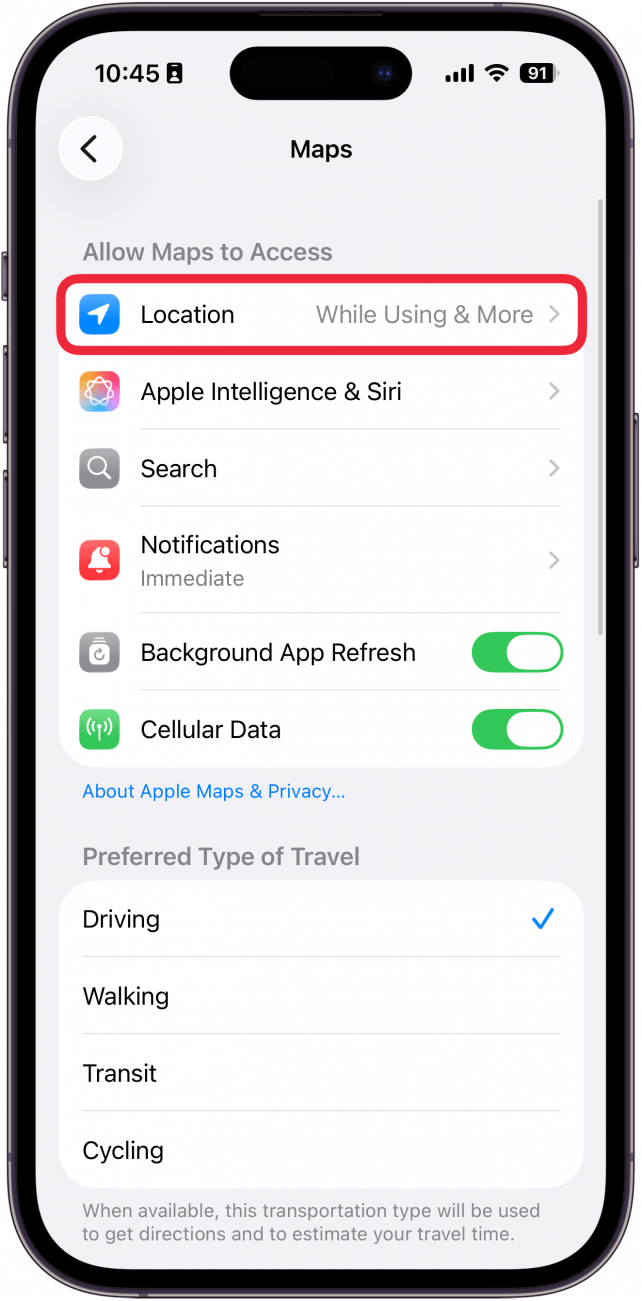 a screenshot of apple maps settings on iphone with a red box around location