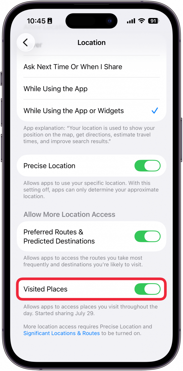a screenshot of apple maps location settings on the iphone with a red box around the visited places toggle