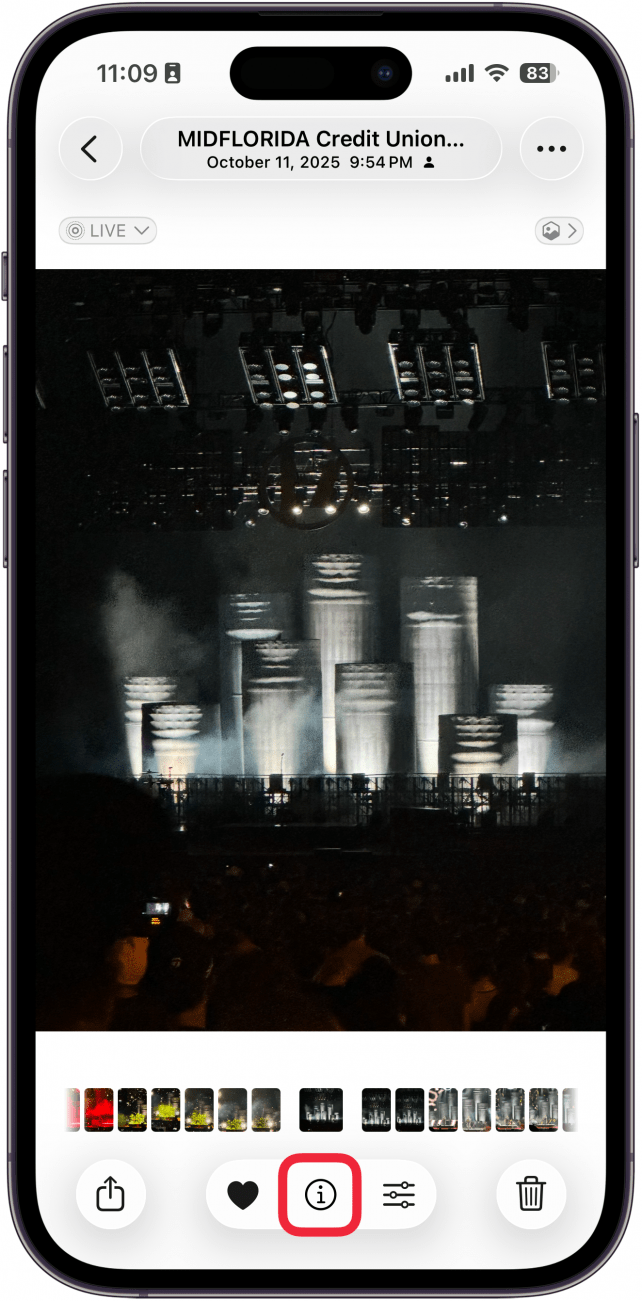 a screenshot of the photos app on iphone displaying a photo with a red box around the info icon