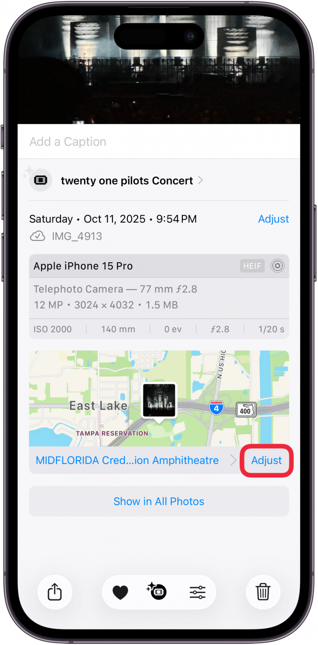 a screenshot of the photos app on iphone displaying the location details of a photo with a red box around the adjust button
