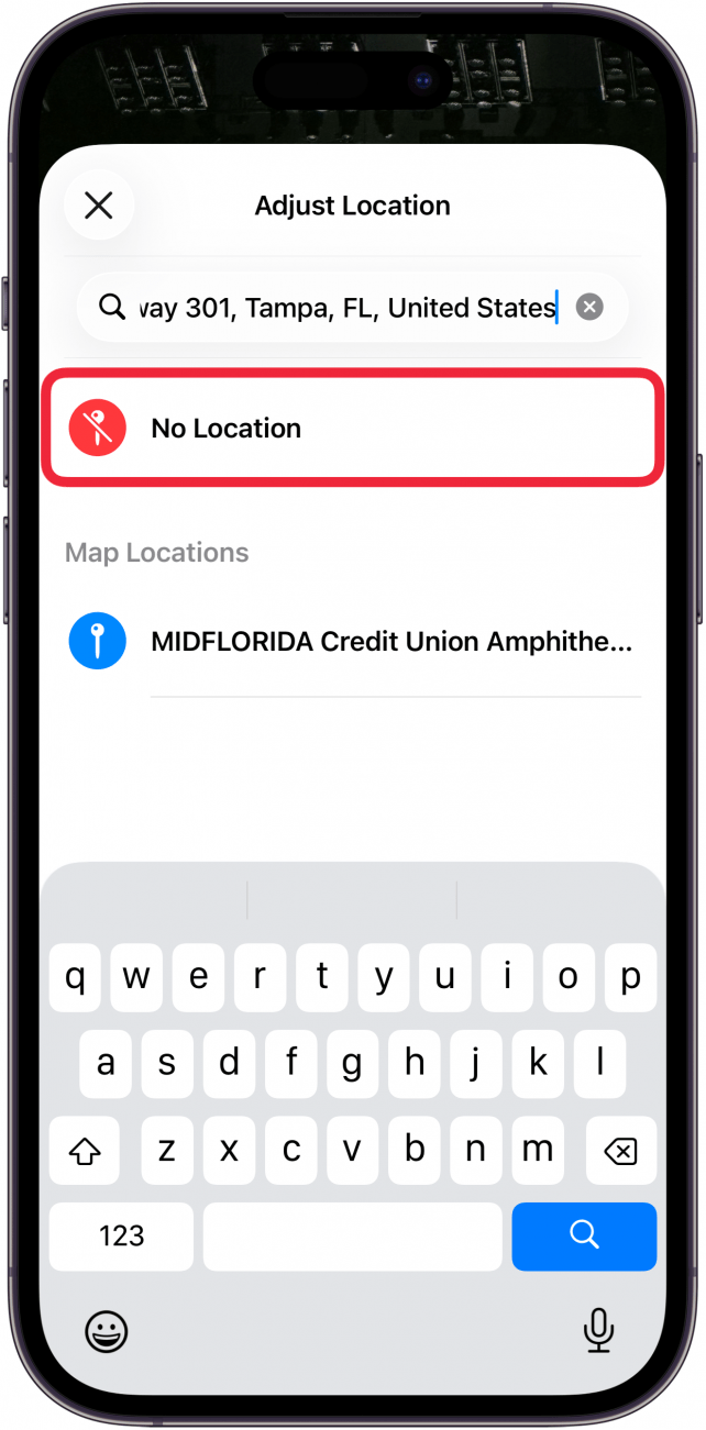a screenshot of the photos app on iphone displaying location information with a red box around no location