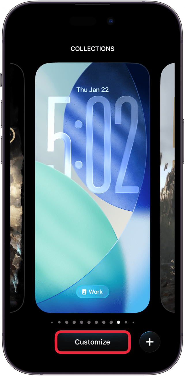 a screenshot of the lock screen edit screen on iphone with a red box around the customize button