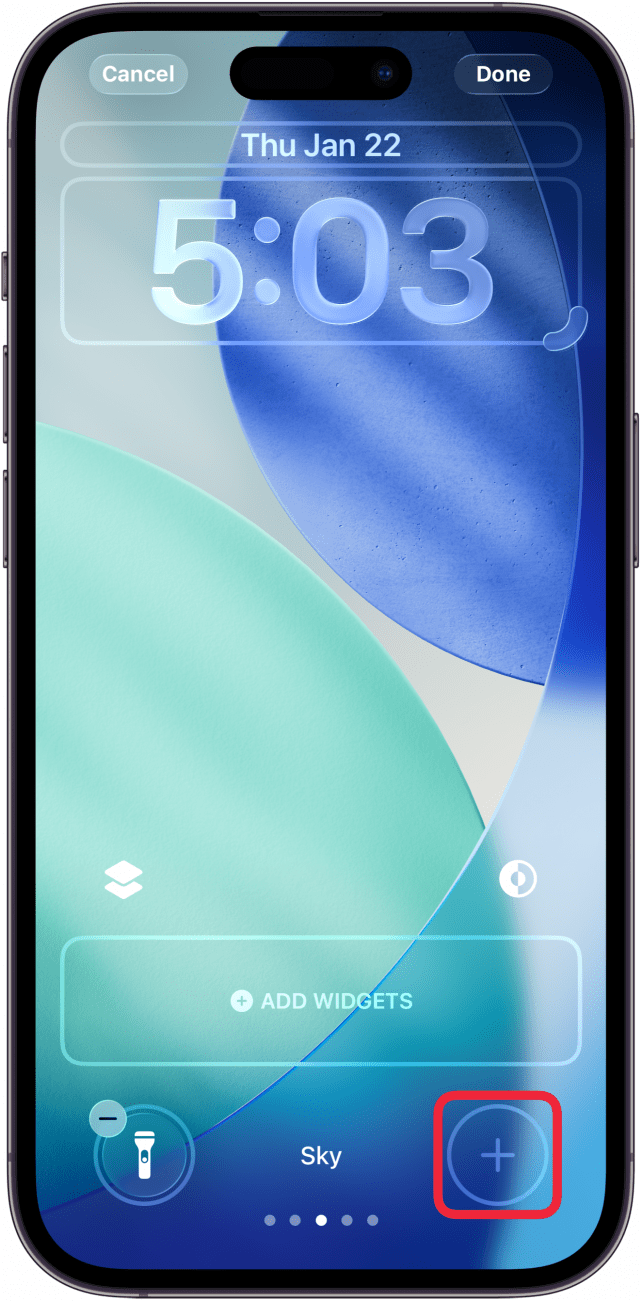 a screenshot of the iphone lock screen customization screen with a red box around the add shortcut button