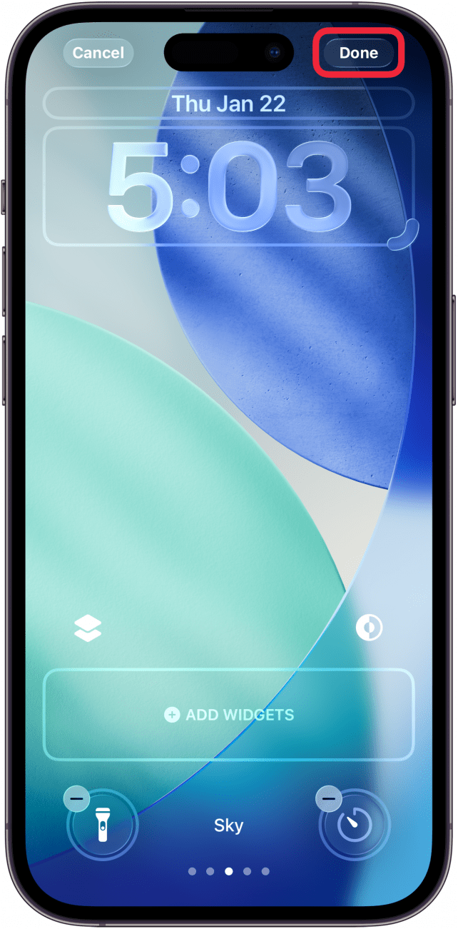 a screenshot of the iphone lock screen customization screen with a red box around the done button