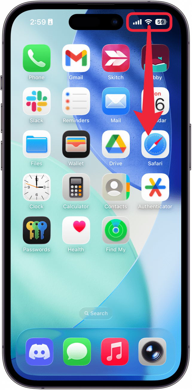 a screenshot of the iphone home screen with a red arrow pointing down from the top right, indicating to swipe down