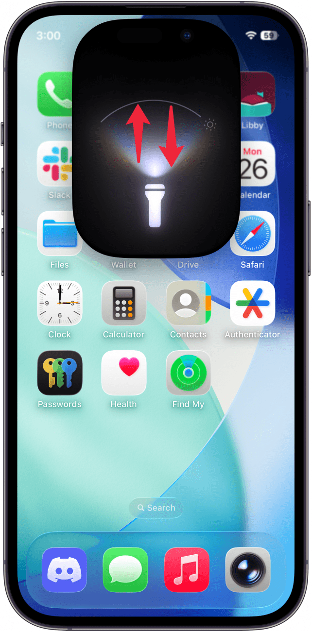 a screenshot of the iphone home screen displaying the flashlight UI and red arrows pointing up and down