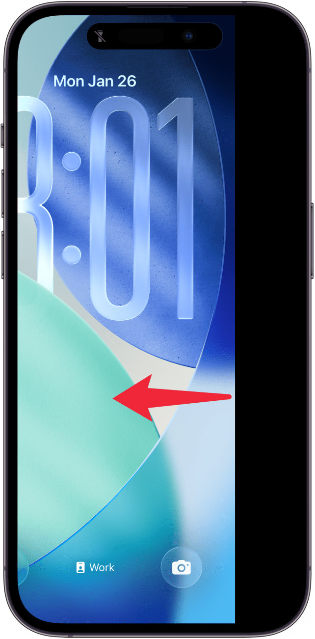 a screenshot of the iphone lock screen with a red arrow pointing left a black bar on the right edge of the screen, indicating that the camera is opening