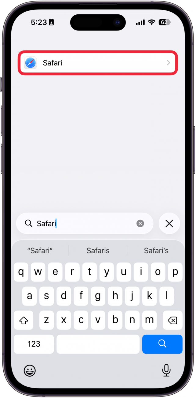 a screenshot of the settings app on iphone showing a list of installed apps with a red box around the safari app