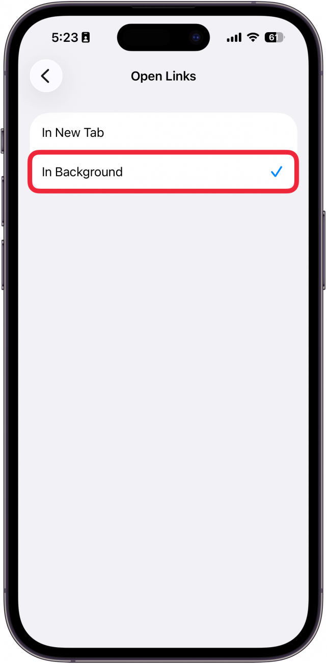 a screenshot of safari's open links settings on the iphone with a red box around the in the background option