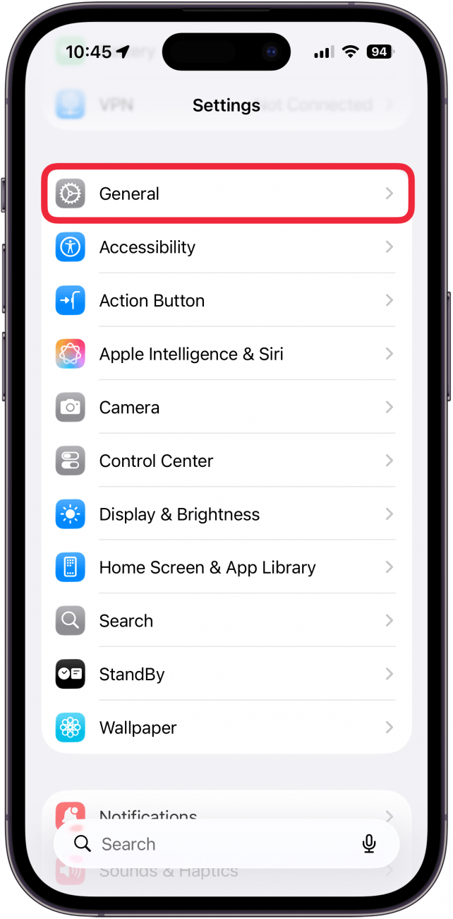 a screenshot of the settings app on iphone with a red box around general