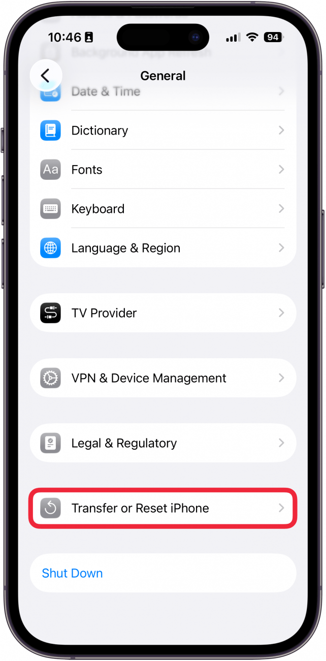 a screenshot of general settings on iphone with a red box around transfer or reset iphone