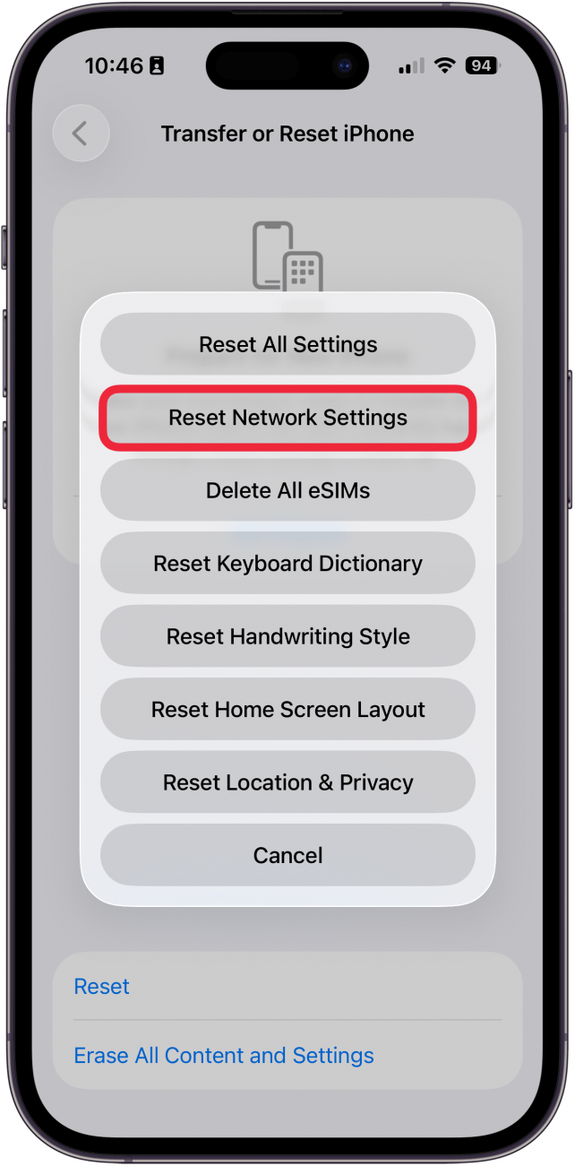 a screenshot of the transfer or reset iphone settings menu displaying a list of reset options with a red box around reset network settings