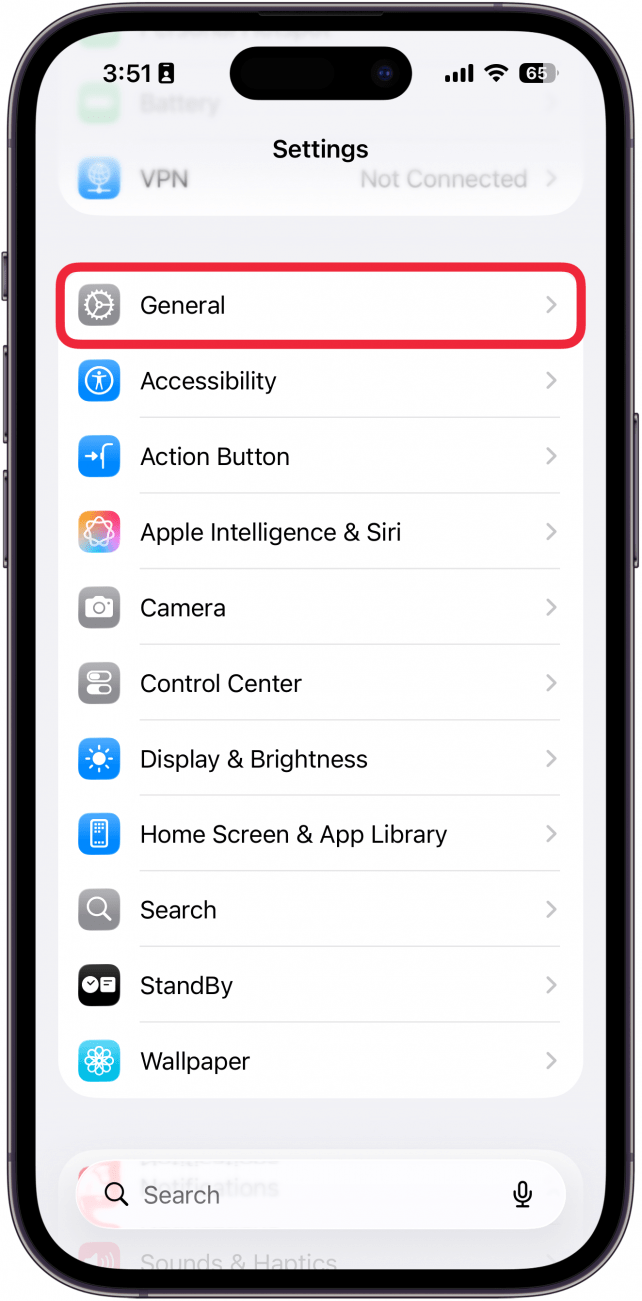 screenshot of iphone settings app with a red box around general