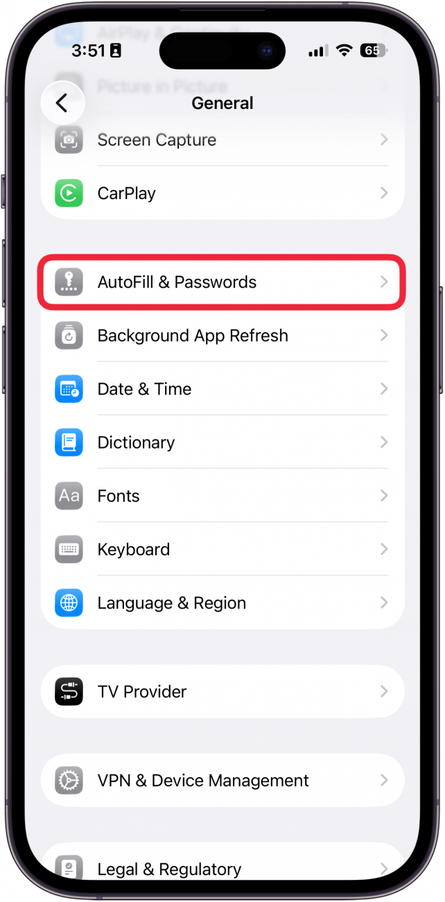 screenshot of iphone general settings with a red box around autofill & passwords