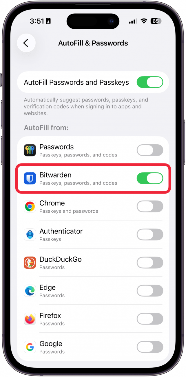 screenshot of iphone autofill & passwords settings with a red box around bitwarden under the autofill from section