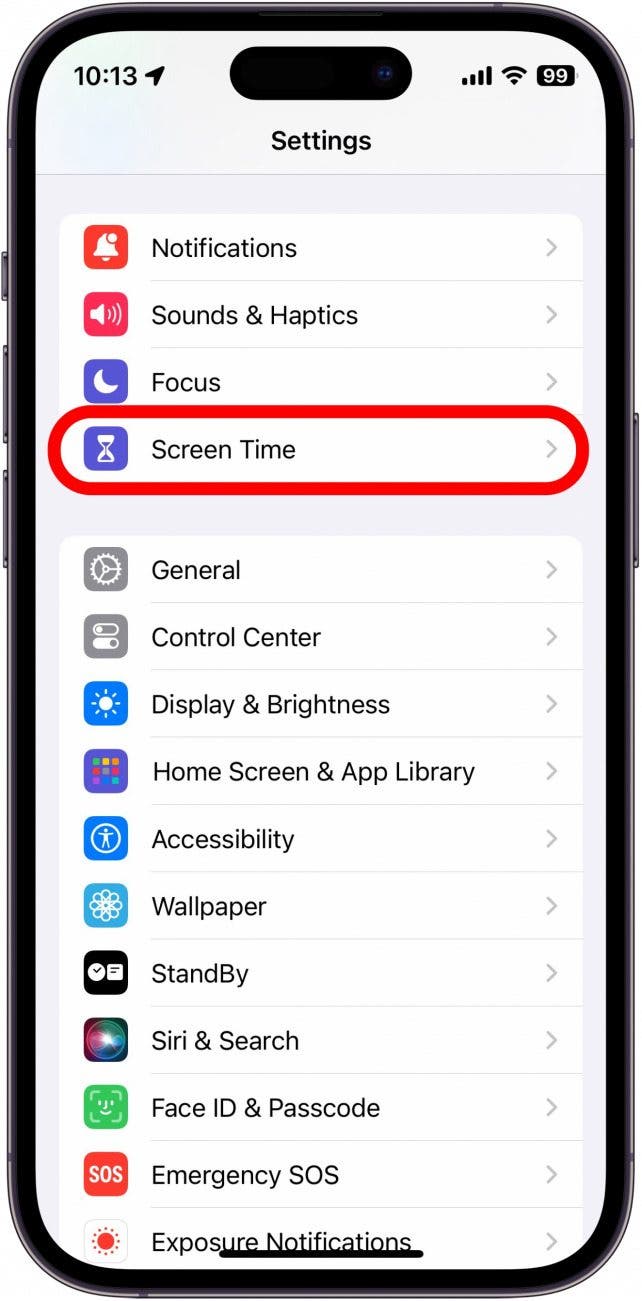 tap screen time in iphone or ipad settings iphone settings with screen time circled in red
