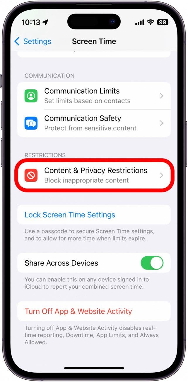 tap content and privacy restrictions in ipad or iphone screen time settings iphone screen time settings with content and privacy restrictions circled in red