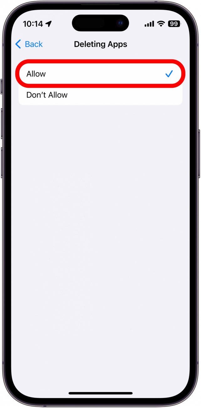 tap allow itunes and app store purchases delete apps settings with allow circled in red