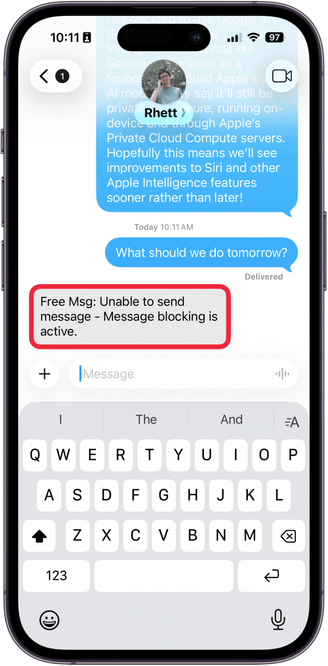 a screenshot of iphone messages app with a red box around a text that reads, "Free Msg: Unable to send message - Message blocking is active."