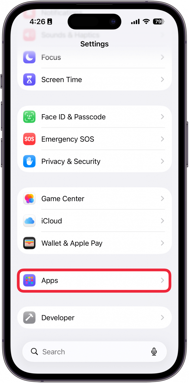 a screenshot of the settings app on iphone with a red box around apps