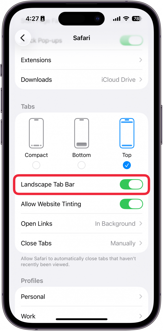 a screenshot of safari settings on iphone with a red box around the landscape tab bar toggle