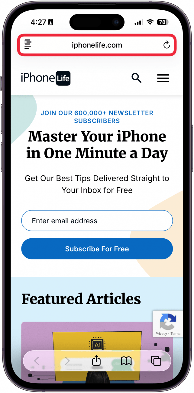 a screenshot of safari on iphone with a red box around the address bar which is now at the top of the screen