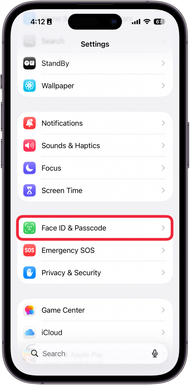 a screenshot of the settings app on iphone with a red box around face id and passcode