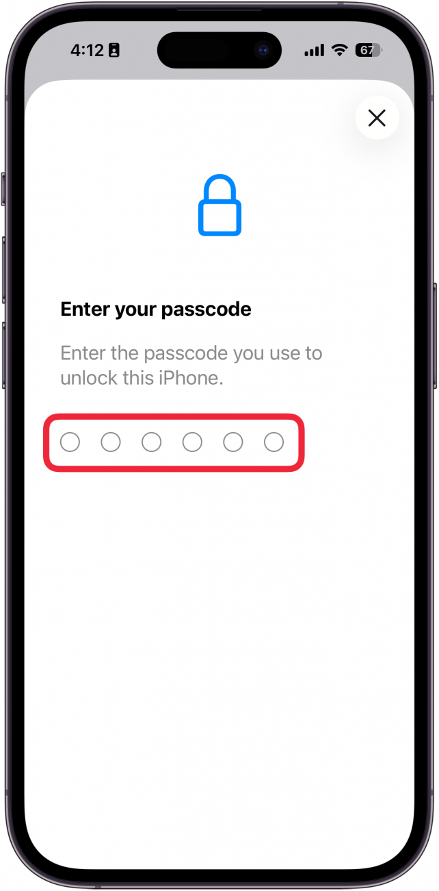 a screenshot of the iphone settings app prompting the user to enter their passcode