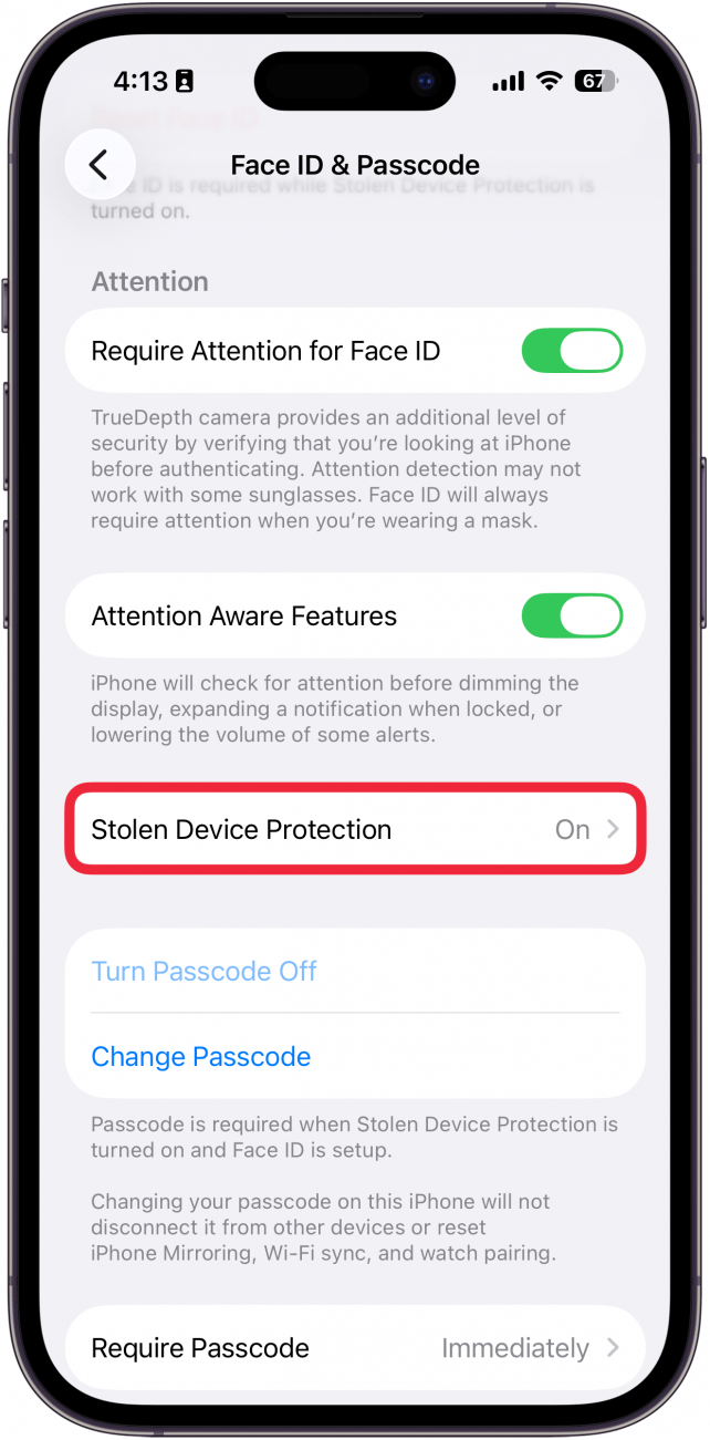 a screenshot of face id and passcode settings on iphone with a red box around stolen device protection