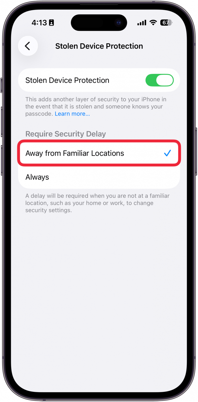 a screenshot of stolen device protection settings with a red box around away from familiar places