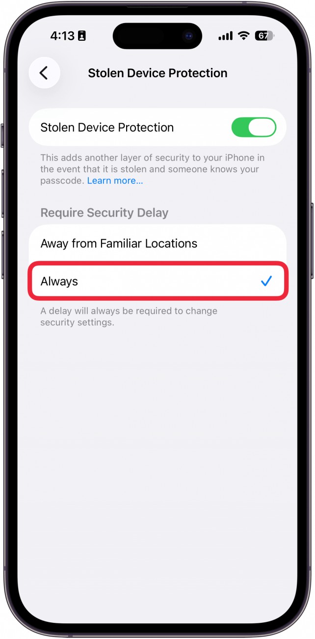 a screenshot of stolen device protection settings with a red box around always
