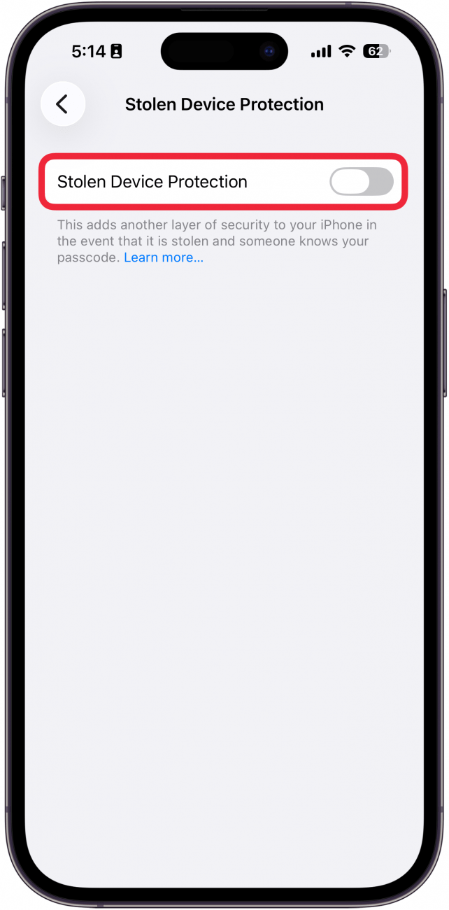 a screenshot of stolen device protection settings with a red box around the stolen device protection toggle