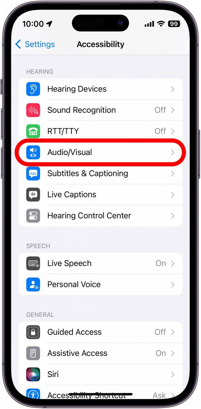 iphone accessibility settings with audio/visual circled in red