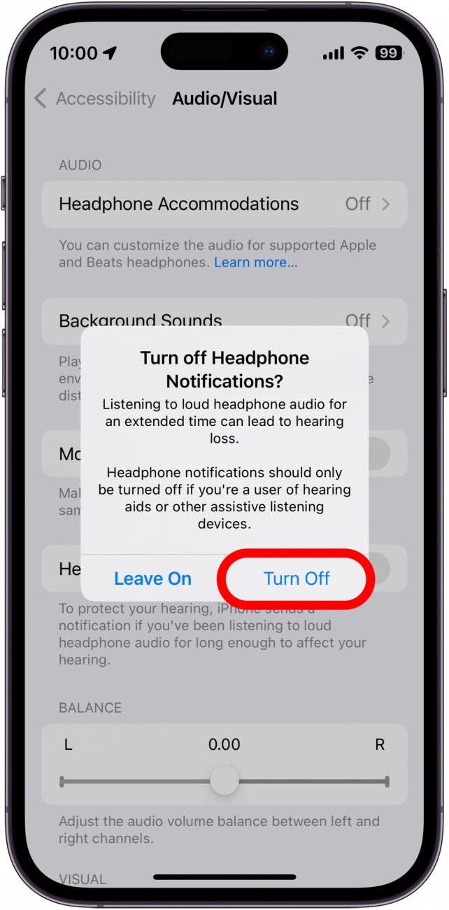 iphone headphone notification disable confirmation window with turn off button circled in red