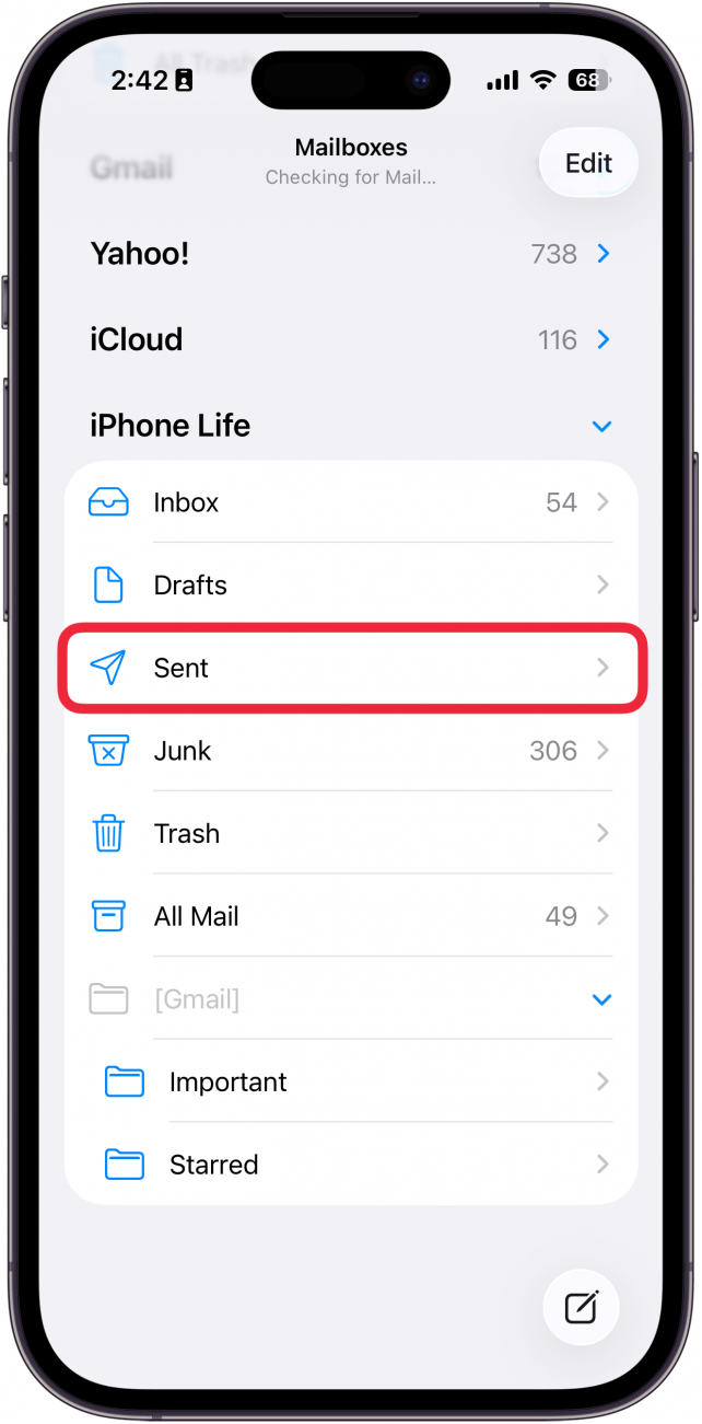 a screenshot of the mail app on the iphone with a red box around the sent folder
