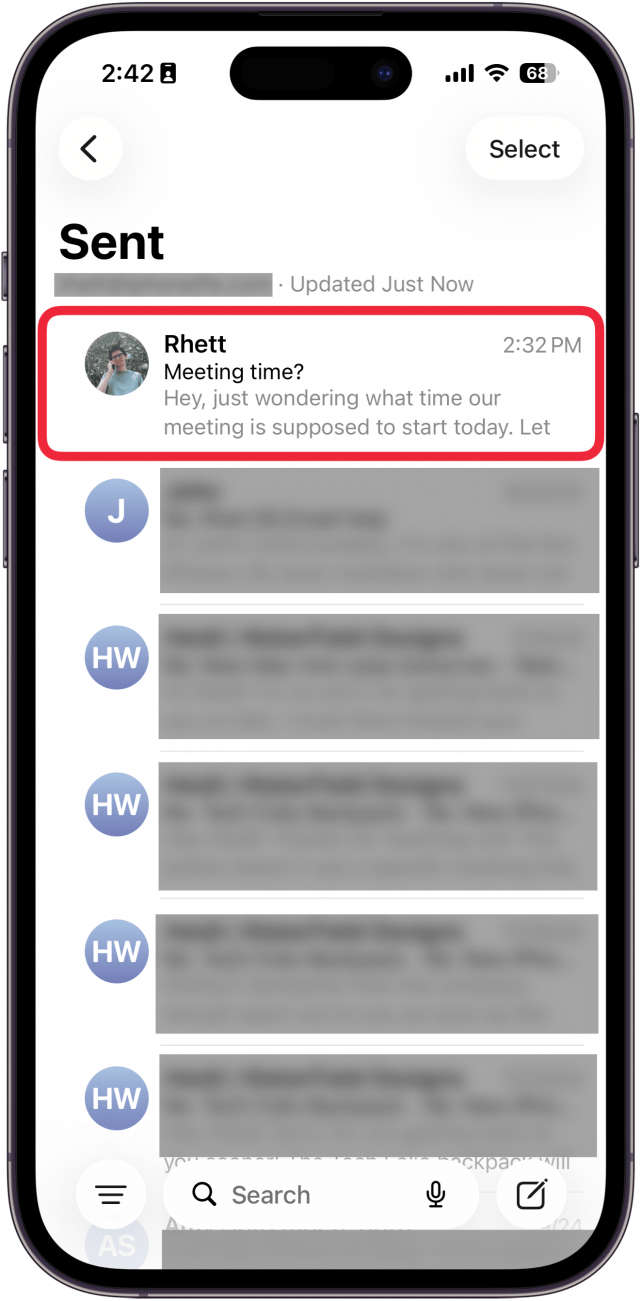 a screenshot of the mail app on the iphone displaying the sent folder with a red box around a recently sent email