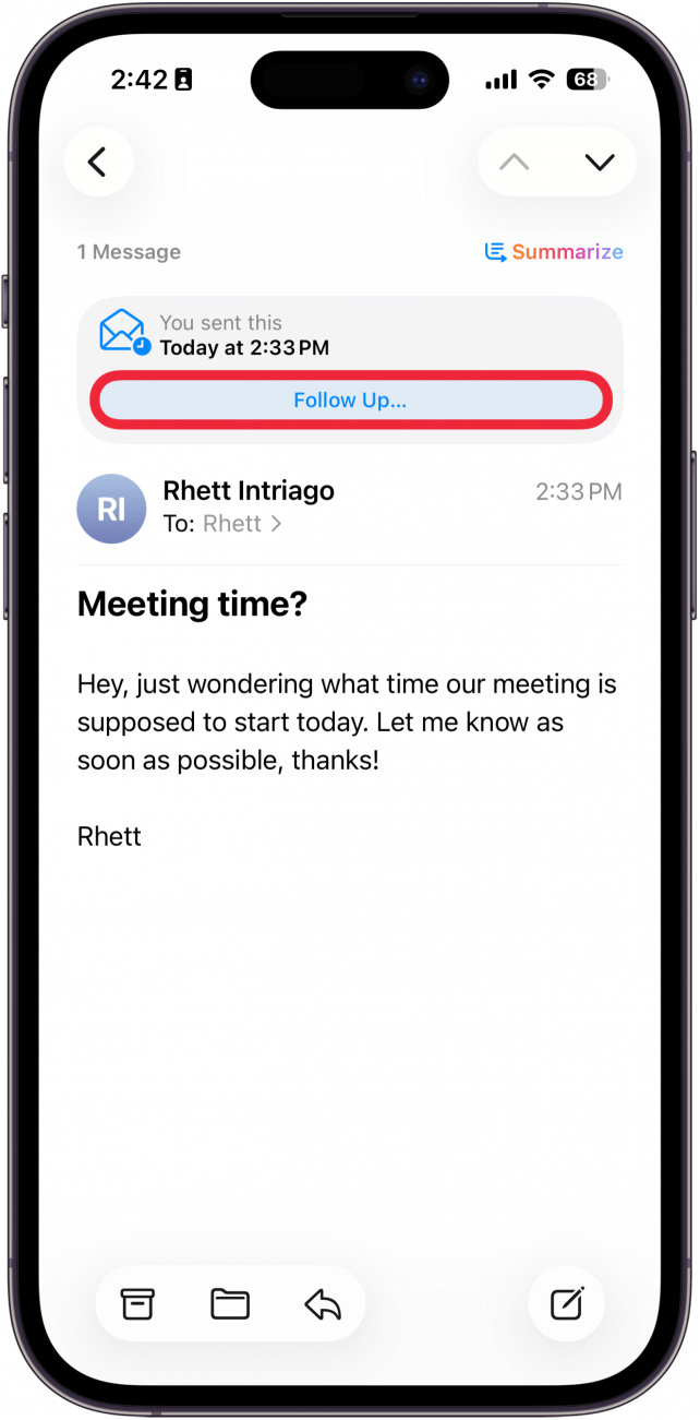 a screenshot of the mail app on the iphone displaying a recently sent email with a red box around the follow up button
